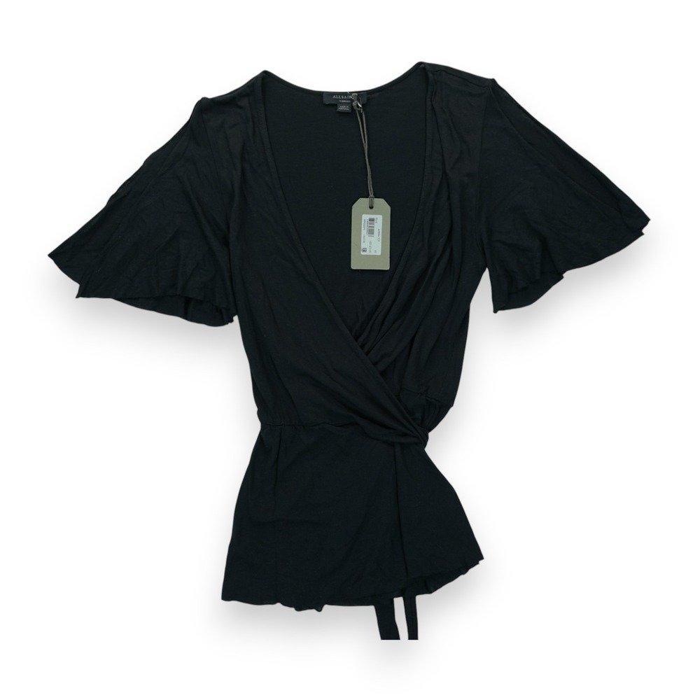 NWT ALLSAINTS Amira Wrap Top Women's Size XS Black Short Sleeve Made in Portugal